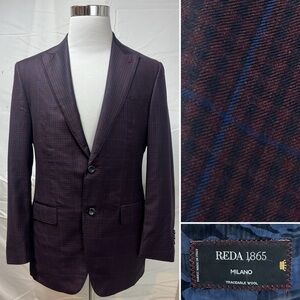 Custom Tailored Reda 1865 Men 39R Burgundy Red Blue Plaid 2-Button Blazer Jacket